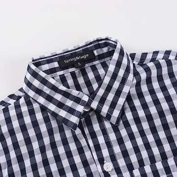 Spring&Gege Boys' Short Sleeve Poplin Button Down Shirt Plaid Uniform Dress Shirts, Navy Blue Large Check Gingham,7-8 Years