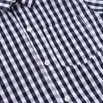 Spring&Gege Boys' Short Sleeve Poplin Button Down Shirt Plaid Uniform Dress Shirts, Navy Blue Large Check Gingham,7-8 Years