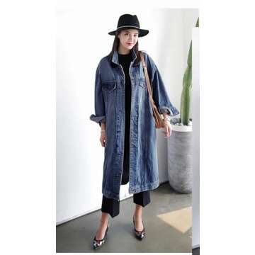 Jofemuho Womens Classic Jean Jacket Plus Size Loose Long Sleeve Button Down Denim Trench Coat Blue M