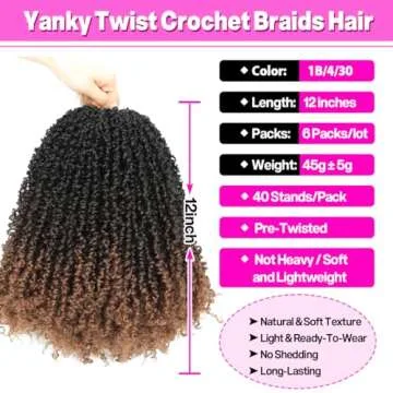 Youngther Yanky twist crochet hair 12 Inch 6Pack Pre-Twisted Fluffy Yankee Twist with curly crochet hair for black women 45g/Pack crochet hair pre looped Synthetic hair extension (1b/4/30)