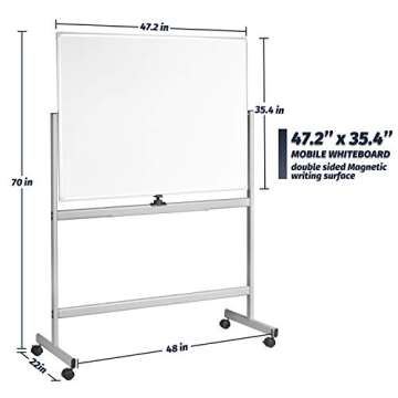 INNOVART Mobile Whiteboard 48" x 36", 360° Reversible Double Sided Magnetic Dry Erase Board with Portable Rolling Stand on Wheels, Easel Standing Board with Aluminum Frame