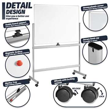 INNOVART Mobile Whiteboard 48" x 36", 360° Reversible Double Sided Magnetic Dry Erase Board with Portable Rolling Stand on Wheels, Easel Standing Board with Aluminum Frame