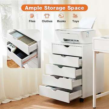 Sweetcrispy 5 Drawer Chest- Dressers Storage Cabinets Wooden Dresser White Mobile Cabinet with Wheels Room Organizer Rolling Small Drawers Wood Organization Furniture for Office, Home