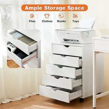 Sweetcrispy 5 Drawer Chest- Dressers Storage Cabinets Wooden Dresser White Mobile Cabinet with Wheels Room Organizer Rolling Small Drawers Wood Organization Furniture for Office, Home