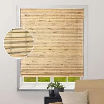 ARLO BLINDS Sheer Bamboo Roman Shades with Valance - Petite Rustique, 34" W x 60" H - Light Filterin...