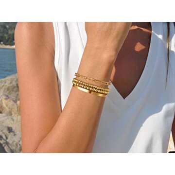 Starain Gold Beaded Bracelets for Women 18K Gold Plated Beaded Ball Stackable Stretch Bracelet Gold Cuff Bangle Set