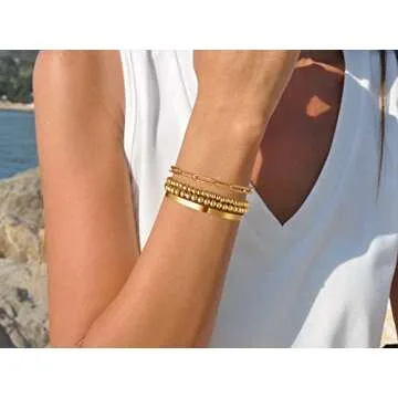 Starain Gold Beaded Bracelets for Women 18K Gold Plated Beaded Ball Stackable Stretch Bracelet Gold Cuff Bangle Set