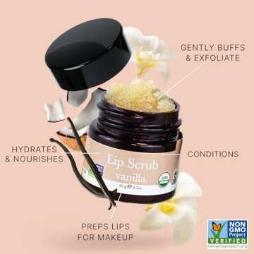 USDA Organic Lip Scrub Vanilla - USA Made All Natural Lips Exfoliator, Valentines Day Gifts, Moisturizing Scrub for Dry Lips, Lip Sugar Scrubber Exfoliator for Smooth Lips, Small Beauty Gifts