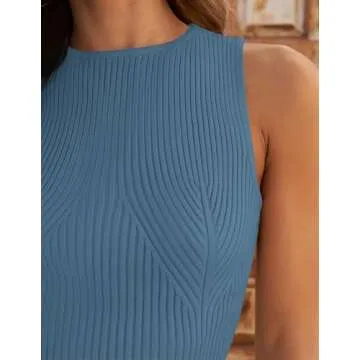 ZESICA Womens 2025 Ribbed Tank Tops Summer Sleeveless High Neck Casual Slim Fitted Basic Knit Shirts,Greyblue,Medium
