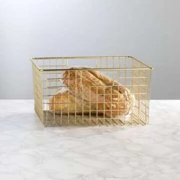 mDesign Metal Wire Food Storage Basket Organizer with Handles for Organizing Kitchen Cabinets, Pantry Shelf, Bathroom, Laundry Room, Closets, Garage - Concerto Collection - 2 Pack - Soft Brass