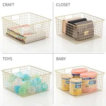 mDesign Metal Wire Food Storage Basket Organizer with Handles for Organizing Kitchen Cabinets, Pantry Shelf, Bathroom, Laundry Room, Closets, Garage - Concerto Collection - 2 Pack - Soft Brass