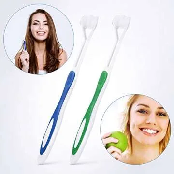 2 Pieces Autism Toothbrush Three Bristle Travel Toothbrush for Complete Teeth and Gum-Care, Great Angle Bristles Clean Each Tooth, Soft and Gentle (Green, Blue)