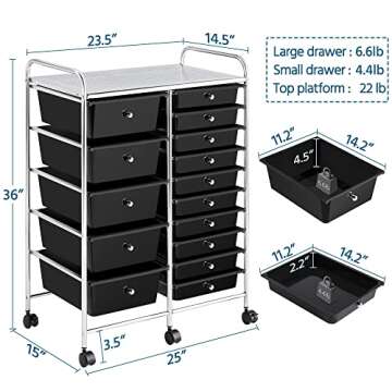 Topeakmart Utility Cart with 15 Drawers Rolling Cart Organizer Plastic Storage Drawers Craft Trolley 360 Castor Wheels Cart Black