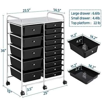 Topeakmart Utility Cart with 15 Drawers Rolling Cart Organizer Plastic Storage Drawers Craft Trolley 360 Castor Wheels Cart Black