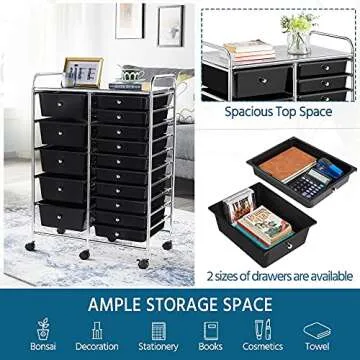 Topeakmart Utility Cart with 15 Drawers Rolling Cart Organizer Plastic Storage Drawers Craft Trolley 360 Castor Wheels Cart Black