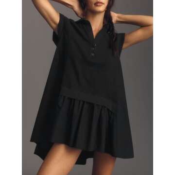 Fisoew Womens Summer Sweatshirt Dresses Short Sleeve V Neck Casual Oversized Patchwork Mini Dress Black