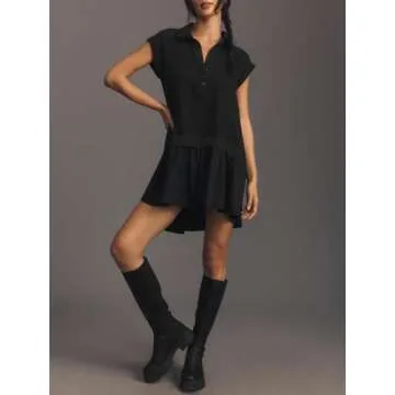 Fisoew Womens Summer Sweatshirt Dresses Short Sleeve V Neck Casual Oversized Patchwork Mini Dress Black
