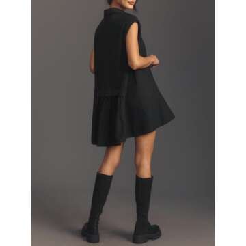 Fisoew Womens Summer Sweatshirt Dresses Short Sleeve V Neck Casual Oversized Patchwork Mini Dress Black