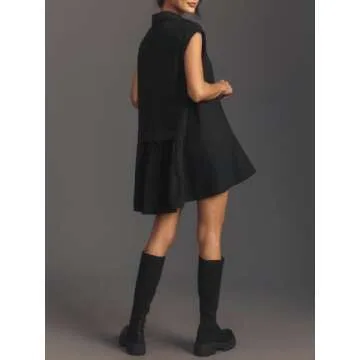 Fisoew Womens Summer Sweatshirt Dresses Short Sleeve V Neck Casual Oversized Patchwork Mini Dress Black