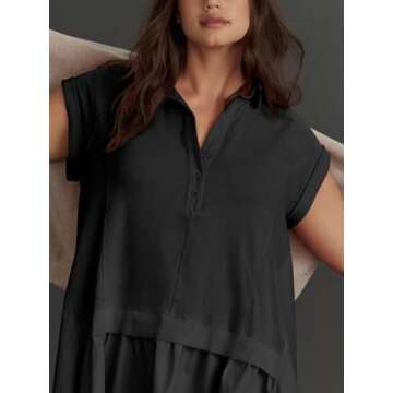 Fisoew Womens Summer Sweatshirt Dresses Short Sleeve V Neck Casual Oversized Patchwork Mini Dress Black