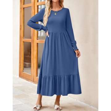 ZESICA Women's 2024 Fall Long Sleeve Dress Crewneck Casual Loose Pleated Tiered Swing Midi Dresses w...