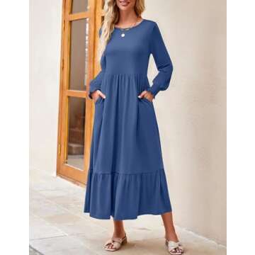 ZESICA Women's 2024 Fall Long Sleeve Dress Crewneck Casual Loose Pleated Tiered Swing Midi Dresses with Pockets,Dustyblue,X-Large
