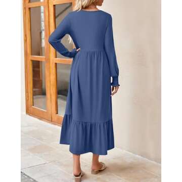 ZESICA Women's 2024 Fall Long Sleeve Dress Crewneck Casual Loose Pleated Tiered Swing Midi Dresses with Pockets,Dustyblue,X-Large