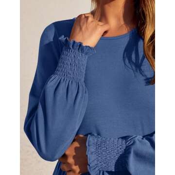 ZESICA Women's 2024 Fall Long Sleeve Dress Crewneck Casual Loose Pleated Tiered Swing Midi Dresses with Pockets,Dustyblue,X-Large