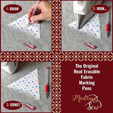 Madam Sew Heat Erasable Fabric Marking Pens for Sewing and Quilting | Fabric Markers for Sewing, Embroidery, Dressmaking with 4 Pens + 4 Refills | No Ghost Lines, Disappearing Ink for Precise Marking