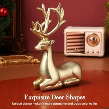 Cabilock Christmas Reindeer Statues Golden : Gold Resin Deer Miniature Figurine Xmas Artificial Animal Crafts Home Office Desk Bookself Counter Decor 2pcs