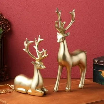 Cabilock Christmas Reindeer Statues Golden : Gold Resin Deer Miniature Figurine Xmas Artificial Animal Crafts Home Office Desk Bookself Counter Decor 2pcs