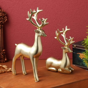 Cabilock Christmas Reindeer Statues Golden : Gold Resin Deer Miniature Figurine Xmas Artificial Animal Crafts Home Office Desk Bookself Counter Decor 2pcs