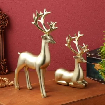 Cabilock Christmas Reindeer Statues Golden : Gold Resin Deer Miniature Figurine Xmas Artificial Animal Crafts Home Office Desk Bookself Counter Decor 2pcs