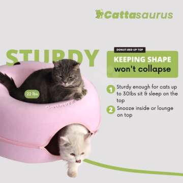 CATTASAURUS Peekaboo Cat Cave for Multiple & Large Cats Up to 30-45 Lbs, Scratch Detachable & Washable Tunnel Bed, Comfy Donut Cat Cave (Pink, Large)