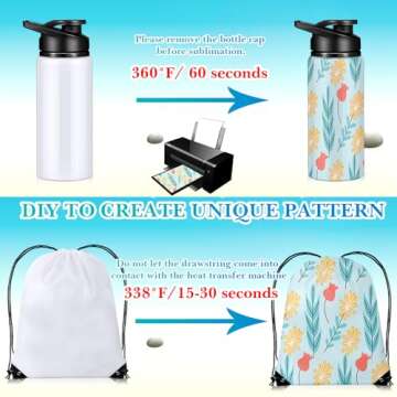 Blushtier 12 Set 20 oz Sublimation Aluminum Water Bottle and Sublimation Drawstring Bags Blank White Sublimation Sport Water Bottle with Drawstring Backpack for DIY Craft Travel Camping Hiking Gym