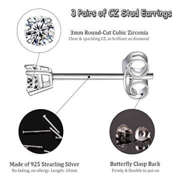 EPIRORA Sterling Silver Stud Earrings for Women Men- 3 Pairs 3mm Tiny Ball Stud Earrings Round CZ Ea...