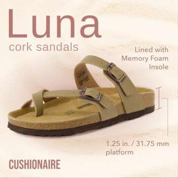 CUSHIONAIRE Luna Cork Footbed Women's Sandals - Comfortable Slip-On Slides with Adjustable Straps & ...