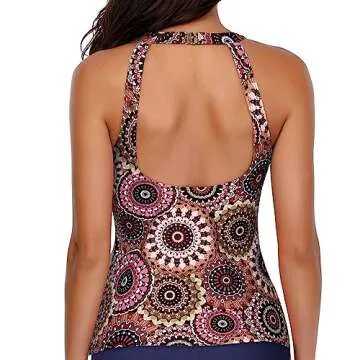 Holipick Brown High Neck Tankini Top Bathing Suit for Women with Tummy Control