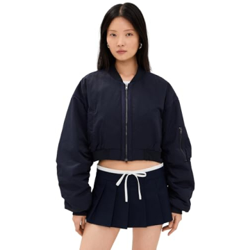 MOON RIVER Women's Oversized Bomber Jacket - Trendy Navy Blue Outerwear