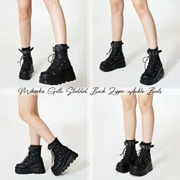 mikarka Holographic Platform Boots for Women, Lace Up Ankle Studded Buckle Goth Stacked Wedge Combat...