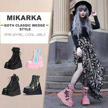 mikarka Holographic Platform Boots for Women, Lace Up Ankle Studded Buckle Goth Stacked Wedge Combat Ankle Booties