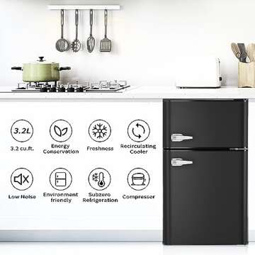 Antarctic Star Compact Mini Refrigerator Separate Freezer, Small Fridge Double 2-Door Adjustable Removable Retro Stainless Steel Shelves Camper Basement/Dorm/Office 3.2 cu ft.Black