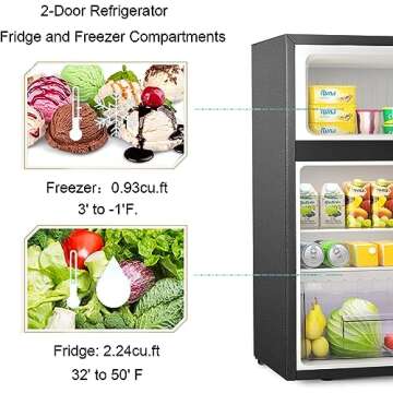 Antarctic Star Compact Mini Refrigerator Separate Freezer, Small Fridge Double 2-Door Adjustable Removable Retro Stainless Steel Shelves Camper Basement/Dorm/Office 3.2 cu ft.Black