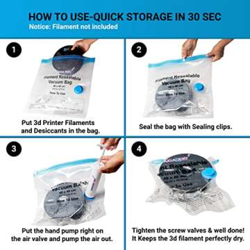 ATARAXIA ART Filament Storage Bag kit 41pcs,1 Bag Store 2 Spool Total 20, Box 10 Bags/Desiccant/Clip/Humidity Indicator Card/Hand Pump, Vaccum Seal PLA Storage Rack or Using After Filament Dryer Box