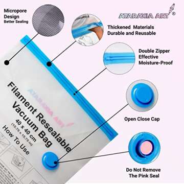 ATARAXIA ART Filament Storage Bag kit 41pcs,1 Bag Store 2 Spool Total 20, Box 10 Bags/Desiccant/Clip/Humidity Indicator Card/Hand Pump, Vaccum Seal PLA Storage Rack or Using After Filament Dryer Box