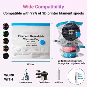 ATARAXIA ART Filament Storage Bag kit 41pcs,1 Bag Store 2 Spool Total 20, Box 10 Bags/Desiccant/Clip/Humidity Indicator Card/Hand Pump, Vaccum Seal PLA Storage Rack or Using After Filament Dryer Box