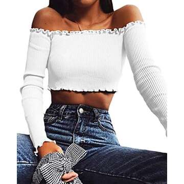 PRETTODAY Women's Sexy Off Shoulder Crop Tops 10 Colors Summer Long Sleeves Casual Slim Tees White Small