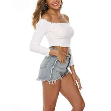 PRETTODAY Women's Sexy Off Shoulder Crop Tops 10 Colors Summer Long Sleeves Casual Slim Tees White Small