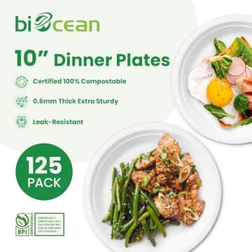 biocean 10 Inch Compostable Plates White [125 Pack] - Heavy Duty Compostable Paper Plates, Disposabl...