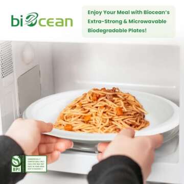 biocean 10 Inch Compostable Plates White [125 Pack] - Heavy Duty Compostable Paper Plates, Disposable Eco-Friendly Sugarcane Bagasse Plates for Dinner, Party, and Weddings (Round)